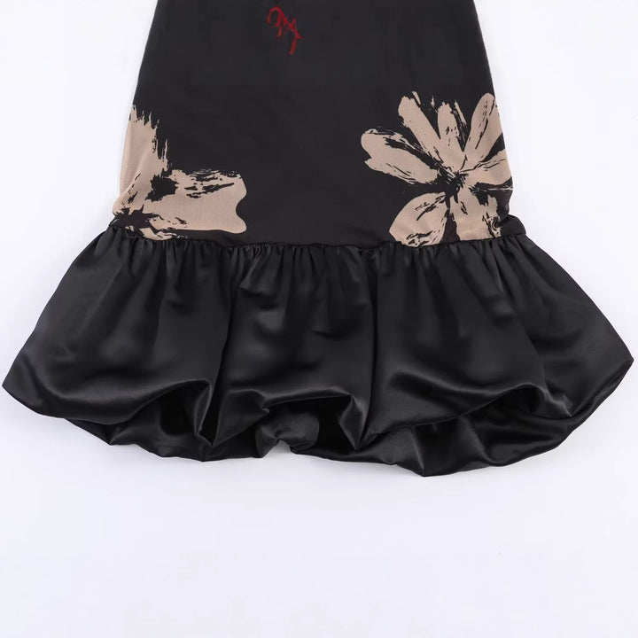 Damen Kurzes A-Linien-Kleid mit Blumenprint, transparenten Trompetenärmeln und Satinvolant Drune
