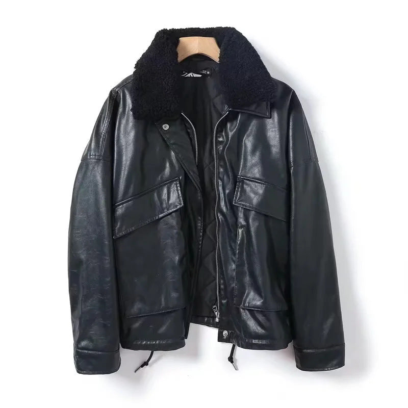 Herren nan oversize Kunstleder‑Fliegerjacke mit abnehmbarem Teddykragen, Zweiwege‑Reißverschluss und großen Pattentaschen Drune