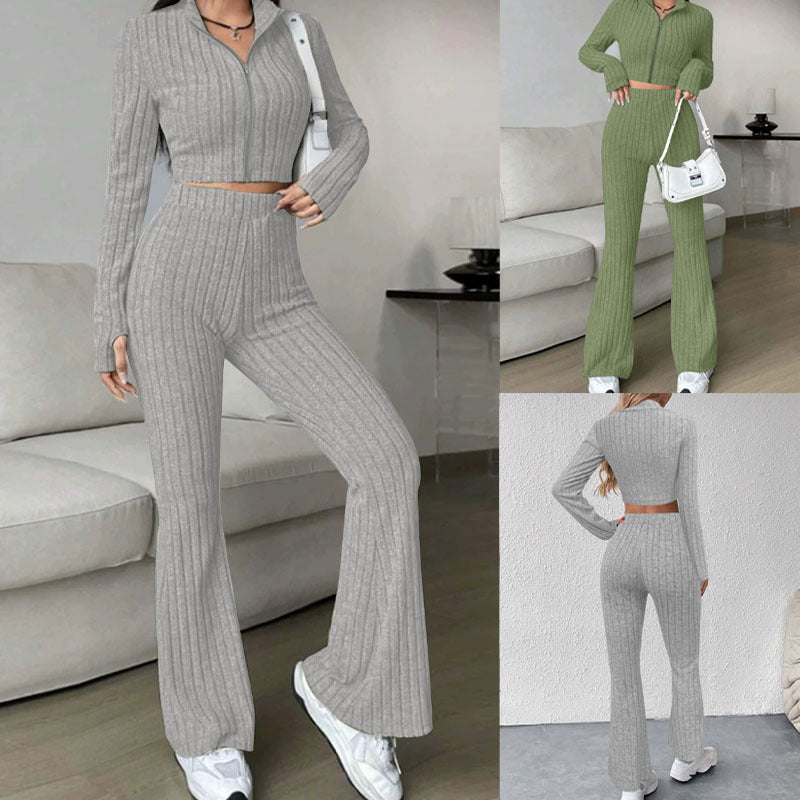 Damen Gerippter Strick-Zweiteiler mit Cropped Reißverschluss-Cardigan und High‑Waist Schlaghose Drune