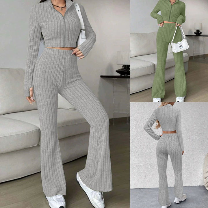 Damen Gerippter Strick-Zweiteiler mit Cropped Reißverschluss-Cardigan und High‑Waist Schlaghose Drune