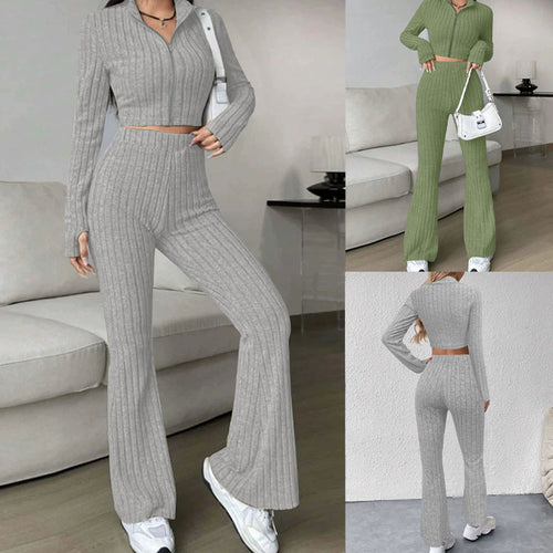 Damen Gerippter Strick-Zweiteiler mit Cropped Reißverschluss-Cardigan und High‑Waist Schlaghose Drune