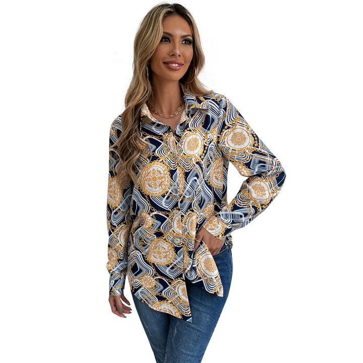 Damen geblümtes Shirt mit eleganten Langarm und knöpfbarem Kragen Drune