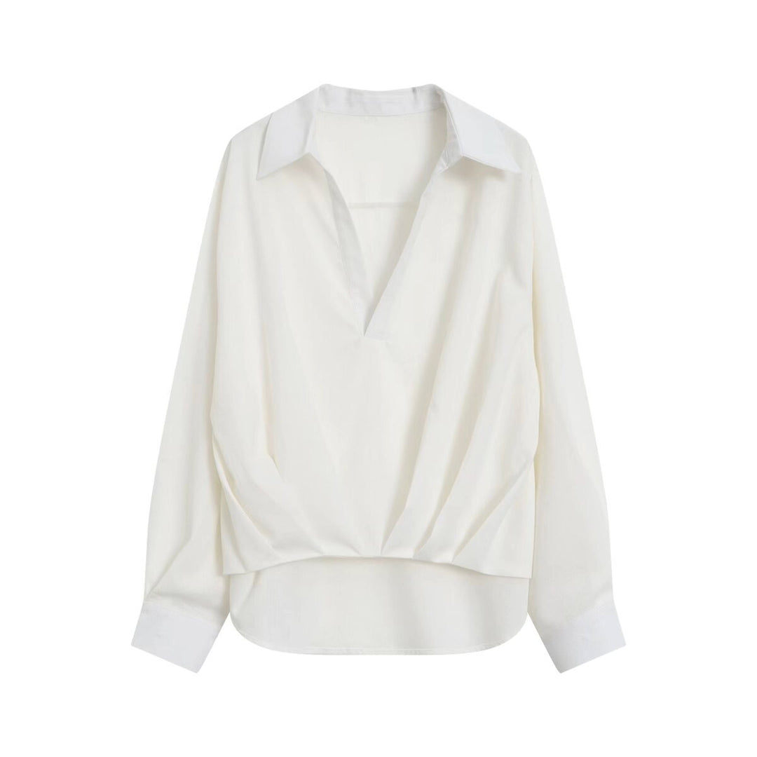 Damen Oversize Leinenoptik-Bluse mit tiefem V‑Ausschnitt, Hemdkragen und gerafftem Vorderteil Drune