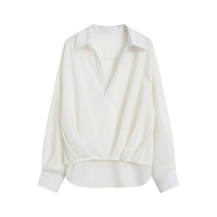 Damen Oversize Leinenoptik-Bluse mit tiefem V‑Ausschnitt, Hemdkragen und gerafftem Vorderteil Drune