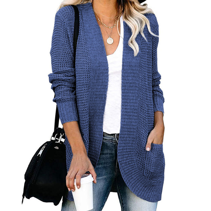 Damen Langer Offener Strickcardigan mit Taschen, Rippbündchen und strukturierter Waffeloptik Drune