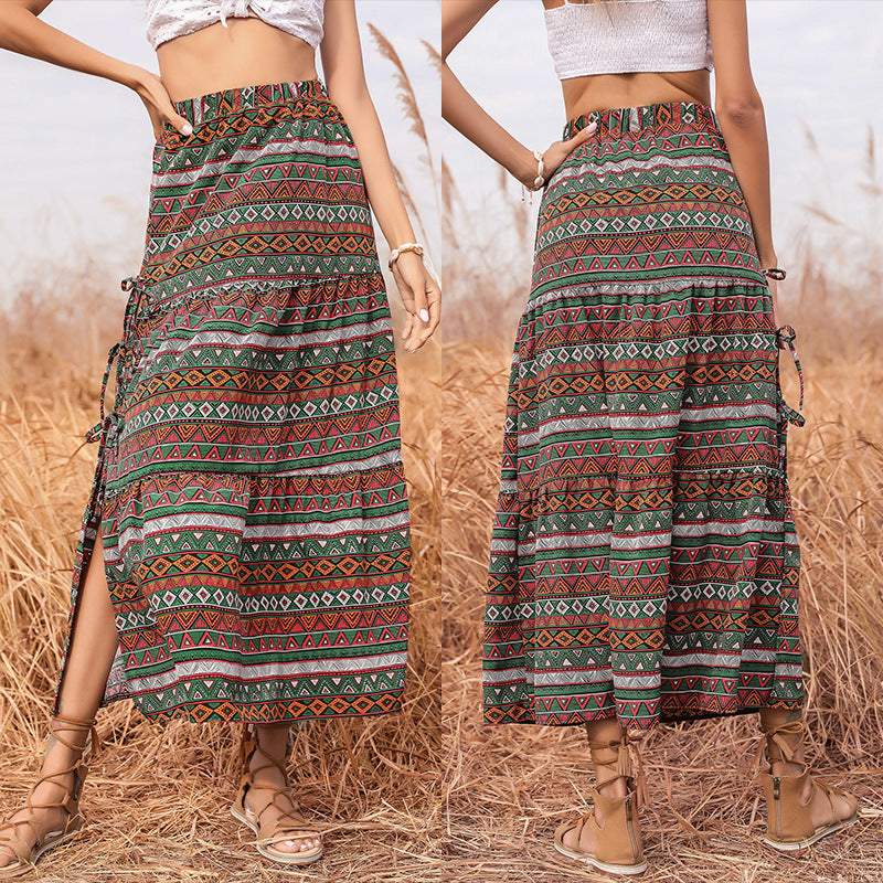 Damen Maxi-Stufenrock mit elastischem Taillenbund, seitlichen Knotendetails und Ethno-Print Drune