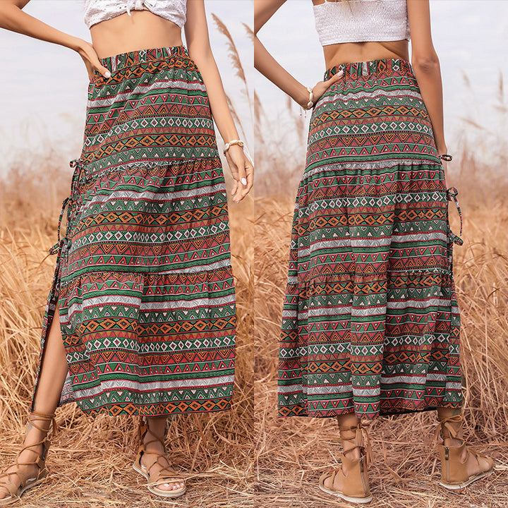 Damen Maxi-Stufenrock mit elastischem Taillenbund, seitlichen Knotendetails und Ethno-Print Drune