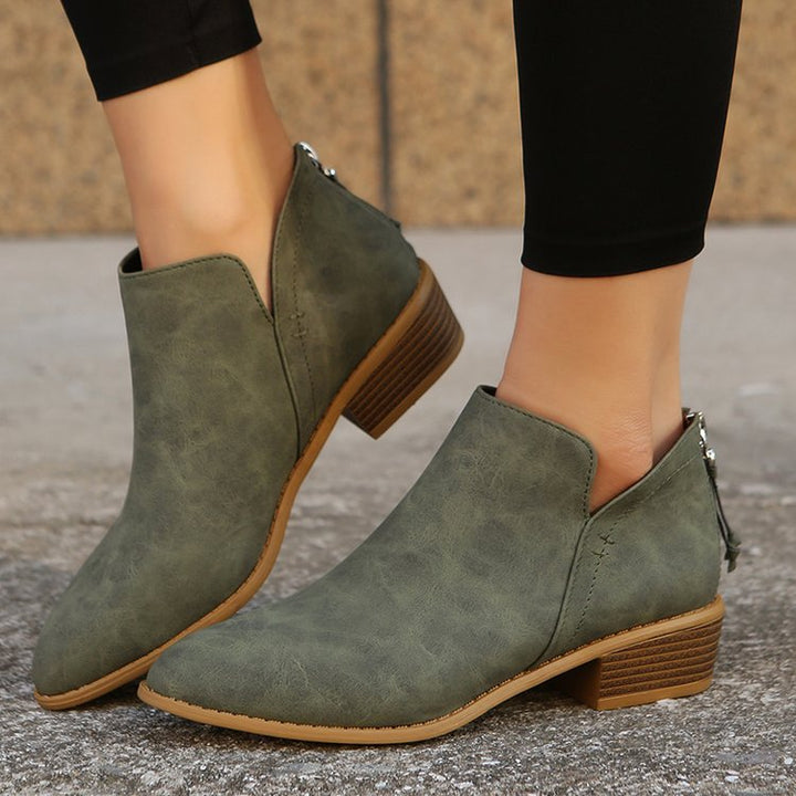 Damen Metallic-Ankleboots mit spitzer Kappe, Rückreißverschluss und niedrigem Blockabsatz Drune