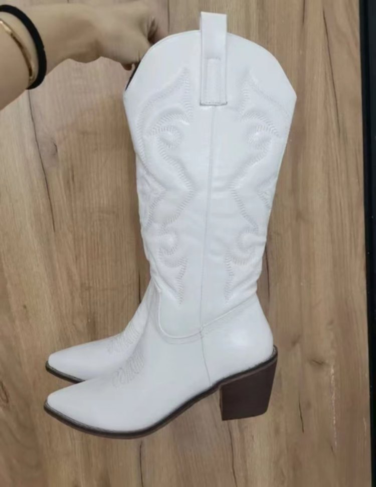 Damen Cowboystiefel mit raffiniertem Muster und stabilen Blockabsatz Drune