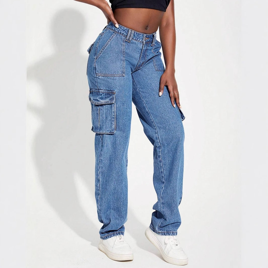Damen Cargo-Jeans mit hohem Bund und praktischen Taschen Drune
