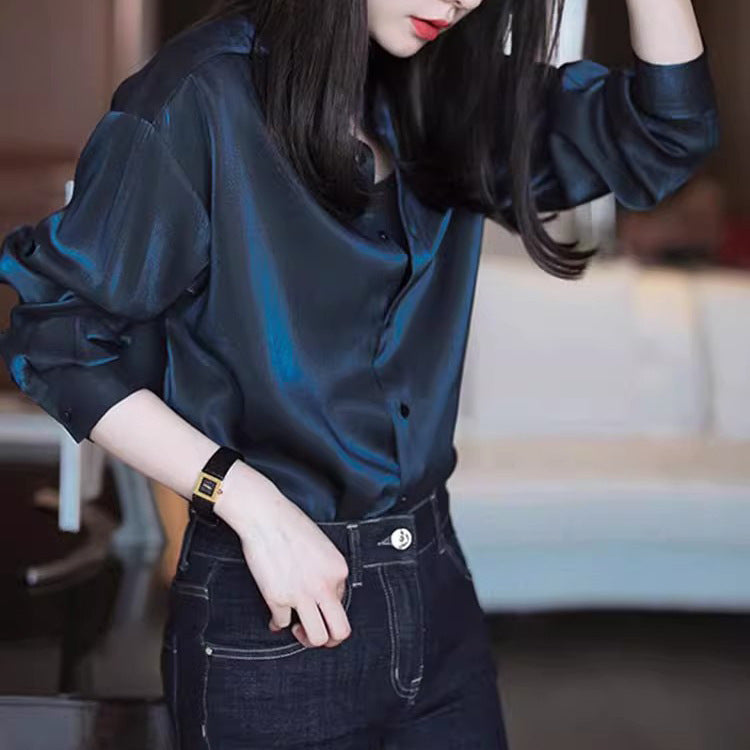 Damen Elegante satinierte Bluse mit Stehkragen Drune