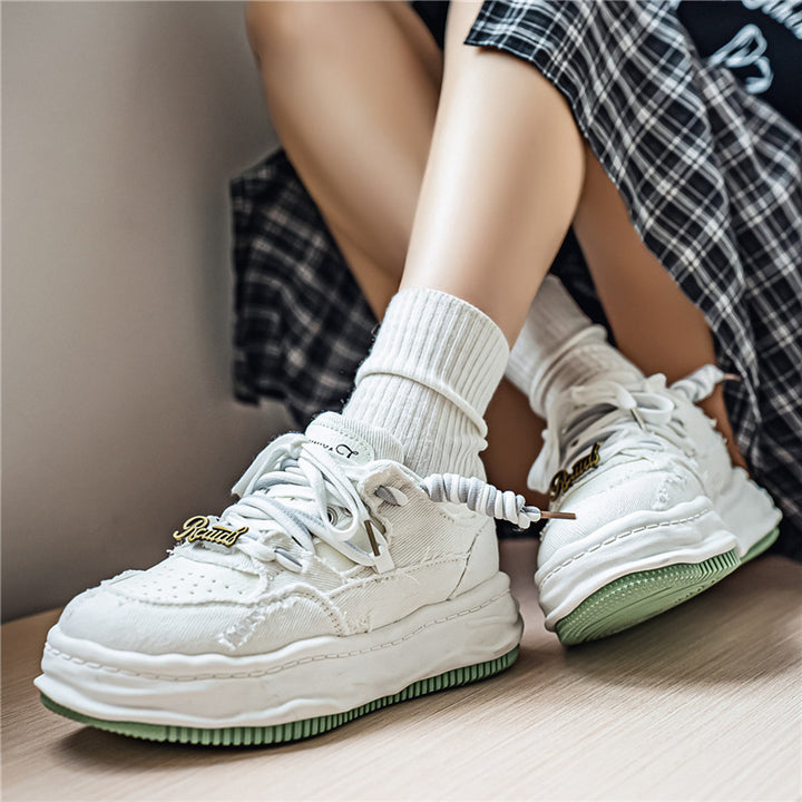Damen denim-Plateau-Sneaker mit kontrastnähten, wattierter Wellenlaufsohle und verzierten Schnürdetails Drune