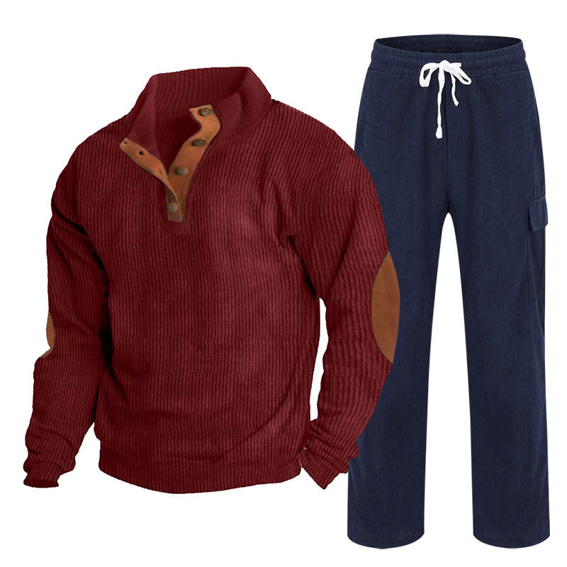 Herren nan strukturiertes Feinstrick-Halbknopf-Pullover und Feincord-Cargo-Zweiteiler Drune