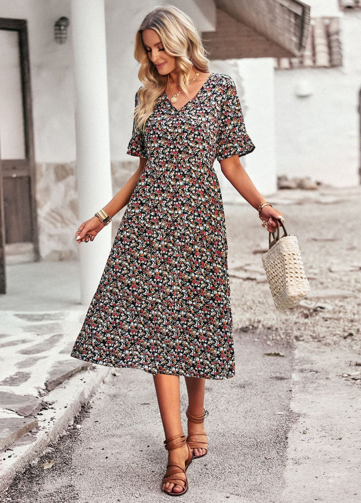 Damen Midi-Kleid mit Floralem Muster und Verspieltem V-Ausschnitt Drune