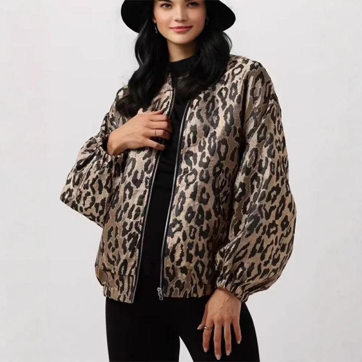 Damen modische Bomberjacke mit Leopardenmuster und elastischen Bündchen Drune