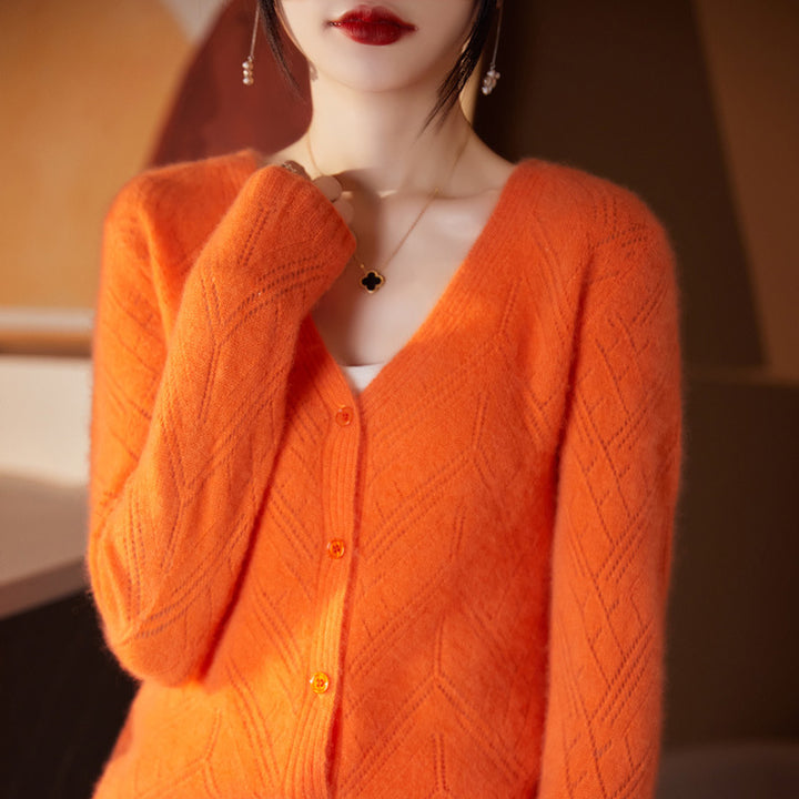 Damen Leichter Ajourcardigan mit geometrischer Lochstruktur und kastiger Kurzform Drune