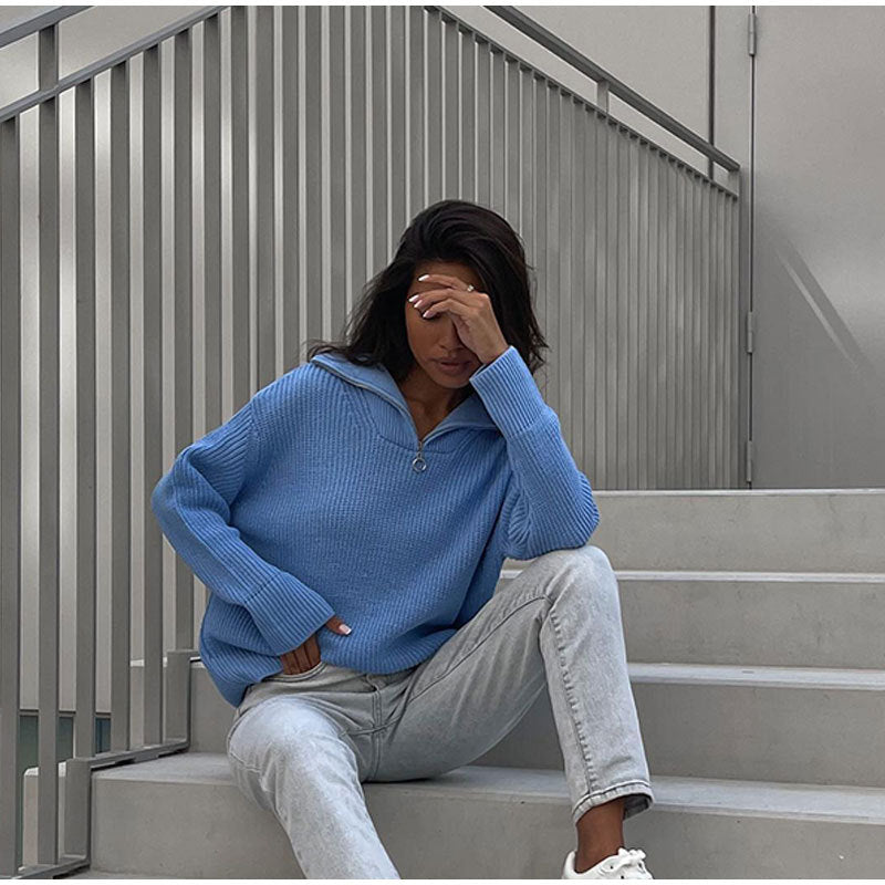 Damen Oversized Strickpullover mit stehendem Kragen und Reißverschluss Drune