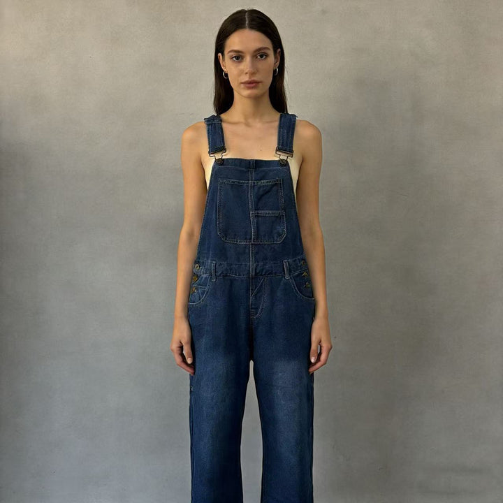 Damen nan weiche Denim-Latzhose mit weitem Bein, verstellbaren Trägern und Pattentasche Drune
