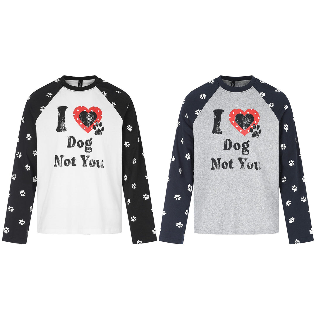 Damen Longsleeve-Raglanshirt mit Hunde‑Slogan und Pfotenmuster Drune