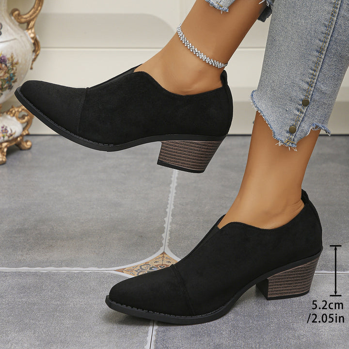 Damen Kurzschaft-Stiefeletten mit niedrigem Blockabsatz und spitzer Kappe Drune