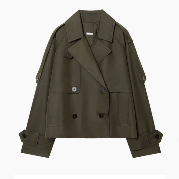 Damen 300+ kurzer doppeltreihiger Cropped‑Trenchcoat mit Epauletten und verstellbaren Manschetten Drune