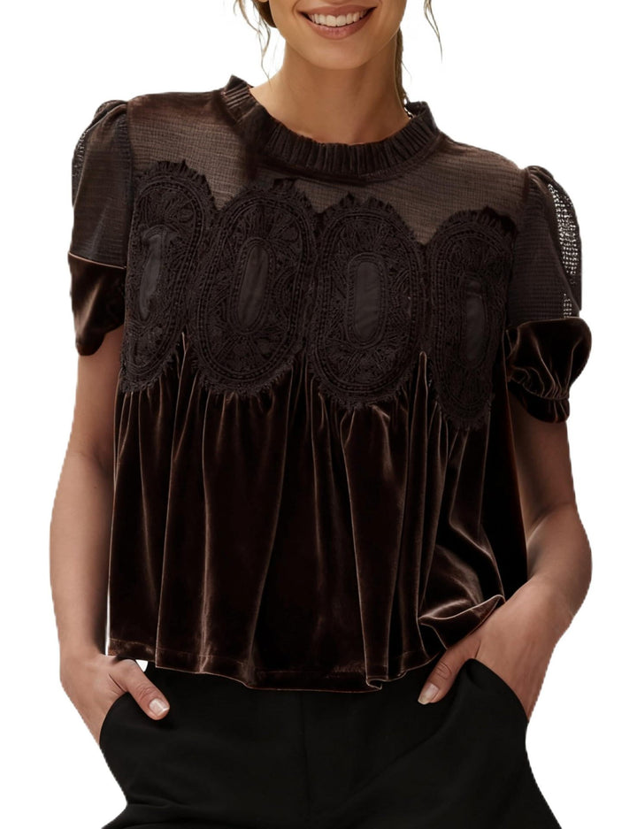 Damen Samtbluse mit Spitzenbesatz, transparentem Einsatz und geraffter A-Linie Drune