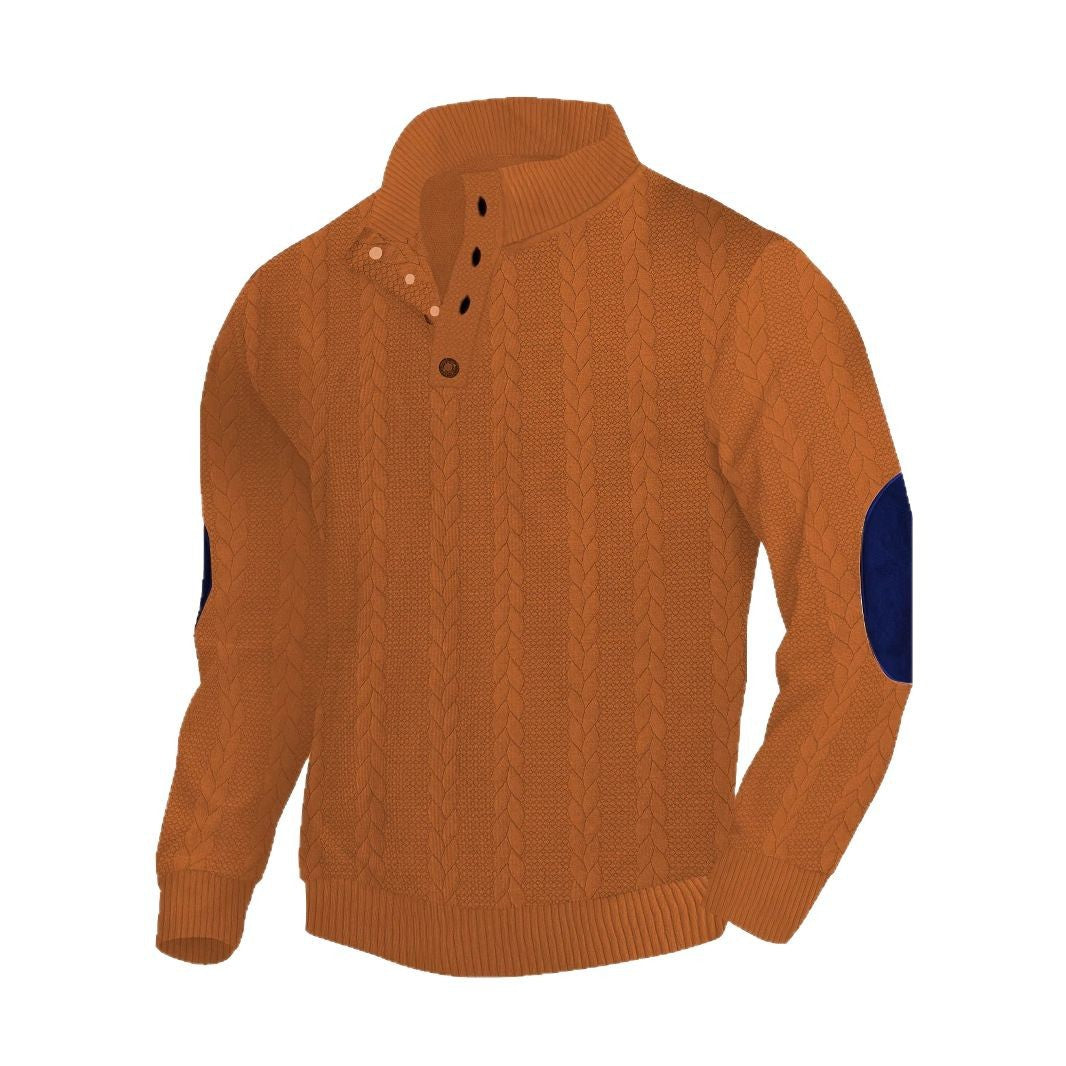 Herren nan lässiger Zopfstrickpullover mit verstärkter Knopfleiste und Wildleder-Ellenbogenpatches Drune