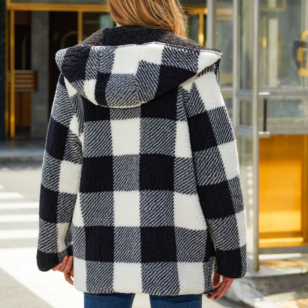Damen Plüschige Karojacke mit oversized Passform und Kapuze Drune