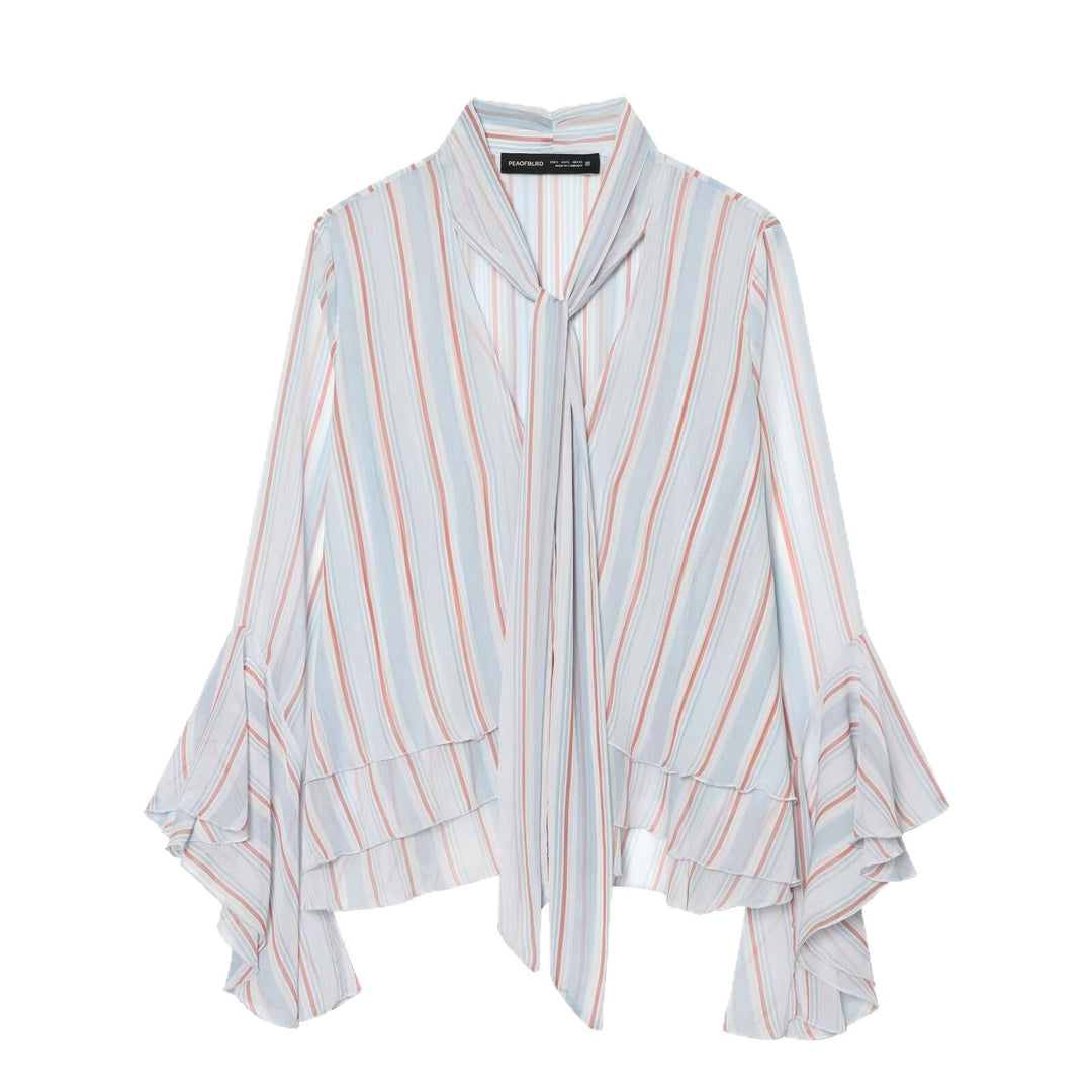 Damen Leichte Chiffonbluse mit Schluppe, Volant-Saum und ausgestellten Trompetenärmeln Drune