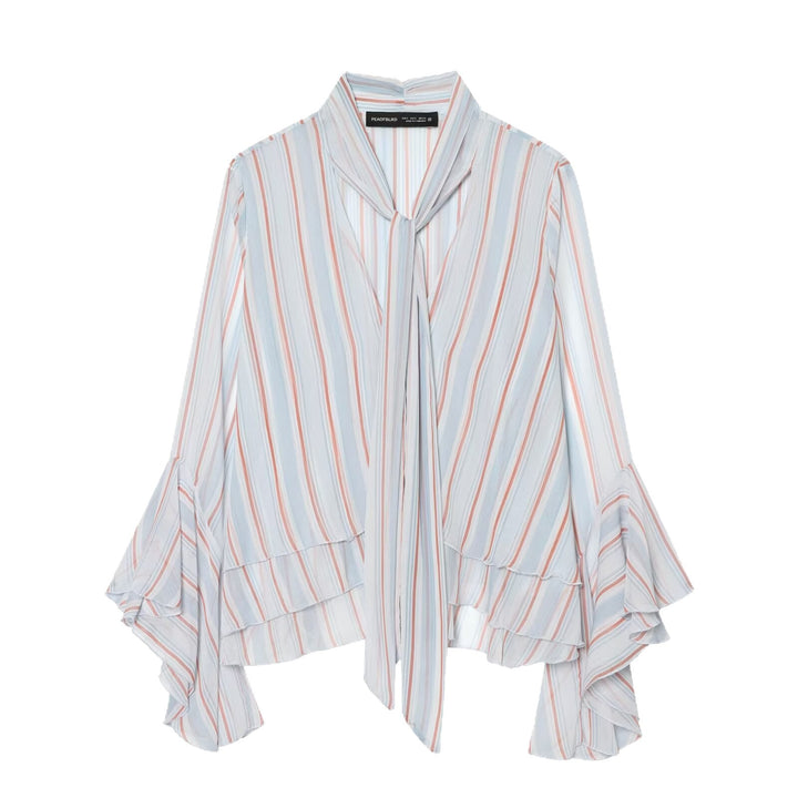 Damen Leichte Chiffonbluse mit Schluppe, Volant-Saum und ausgestellten Trompetenärmeln Drune