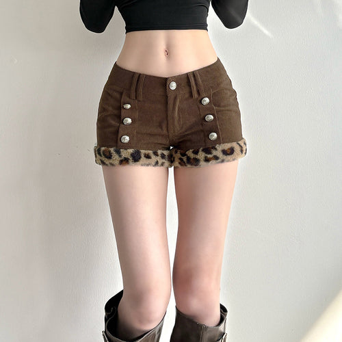 Damen modische Shorts aus Cord mit Kragenfransen und dekorativen Knöpfen Drune