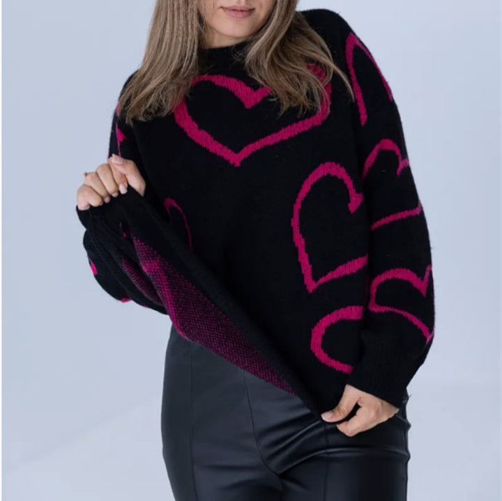 Damen Kuscheliger Jacquard-Pullover mit Herzmotiv und lockerer Oversize-Passform Drune