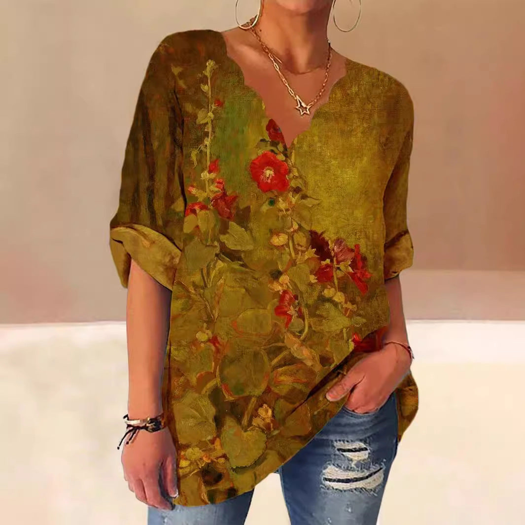 Damen Lockere Bluse mit Welligem V-Ausschnitt und Aquarell Floral Print Drune