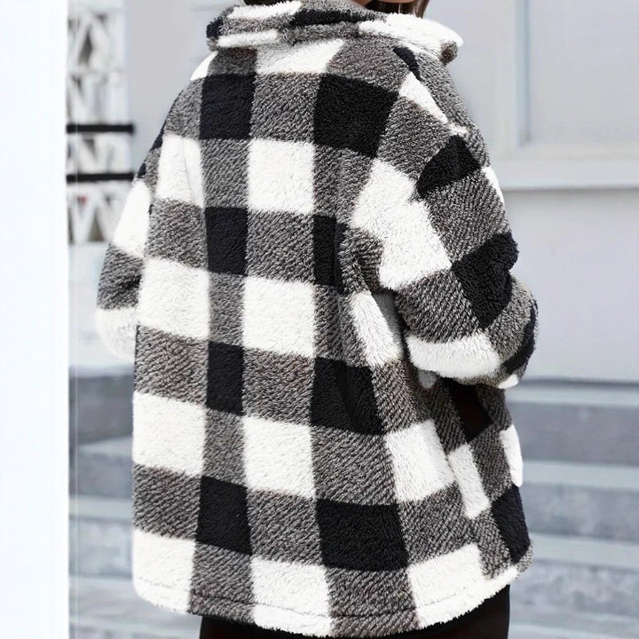 Damen nan gefütterte Karo Teddy-Fleece Shacket mit Knopfleiste und aufgesetzten Taschen Drune