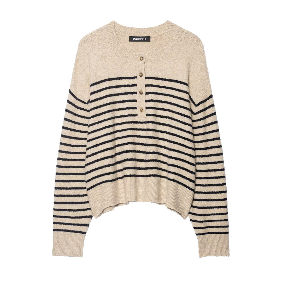 Damen Gestreifter Feinstrick-Henley-Pullover mit überschnittener Schulter und geripptem Saum Drune