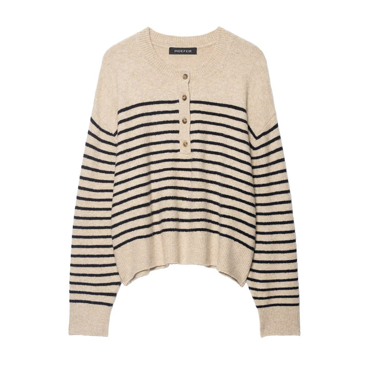 Damen Gestreifter Feinstrick-Henley-Pullover mit überschnittener Schulter und geripptem Saum Drune