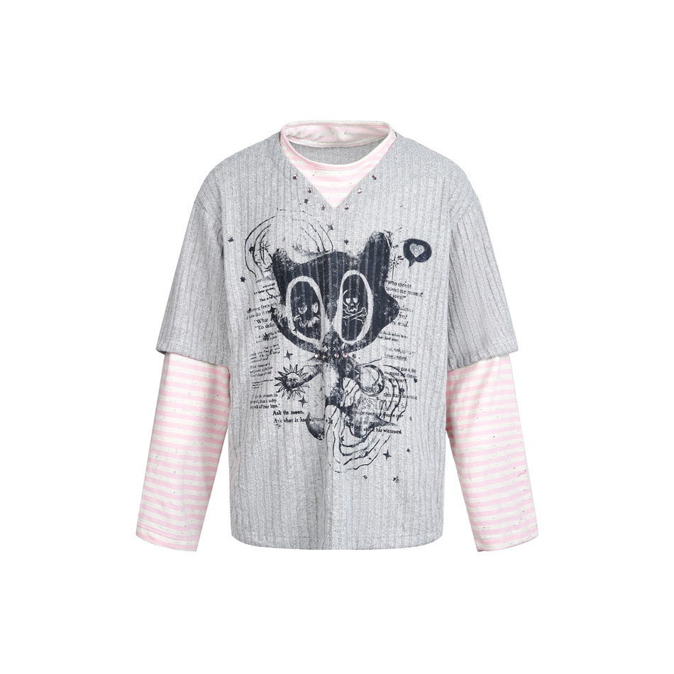 Damen Lagenlook-Longsleeve mit gestreiften Ärmelärmeln und grafischem Statement-Print Drune