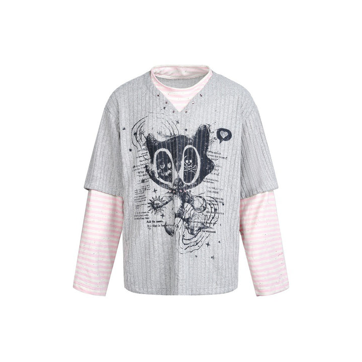 Damen Lagenlook-Longsleeve mit gestreiften Ärmelärmeln und grafischem Statement-Print Drune