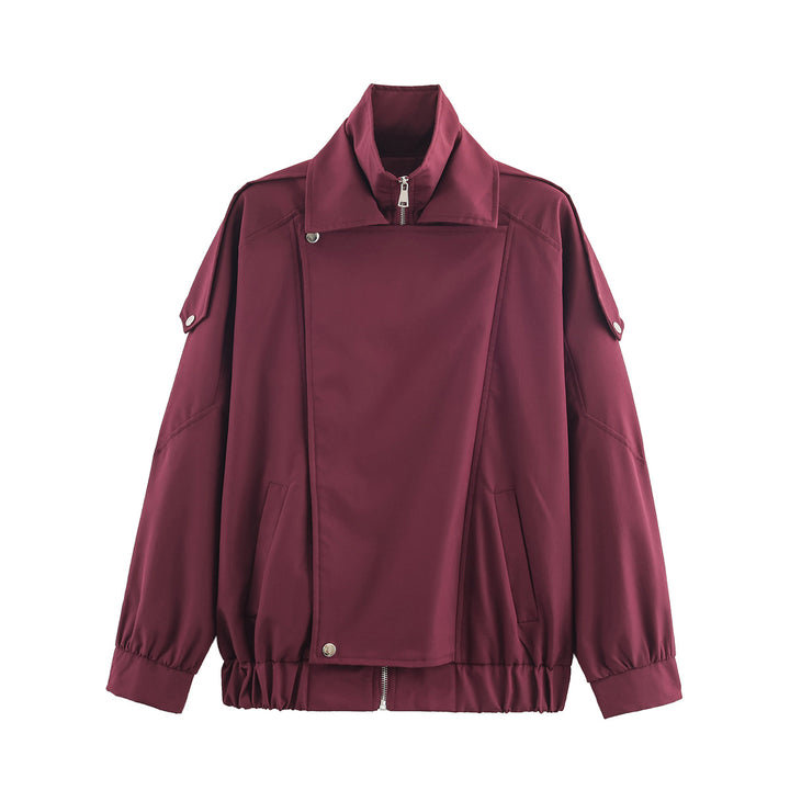 Damen Oversize-Bomberjacke mit asymmetrischer Blendenfront, Stehkragen und Tunnelzugsaum Drune