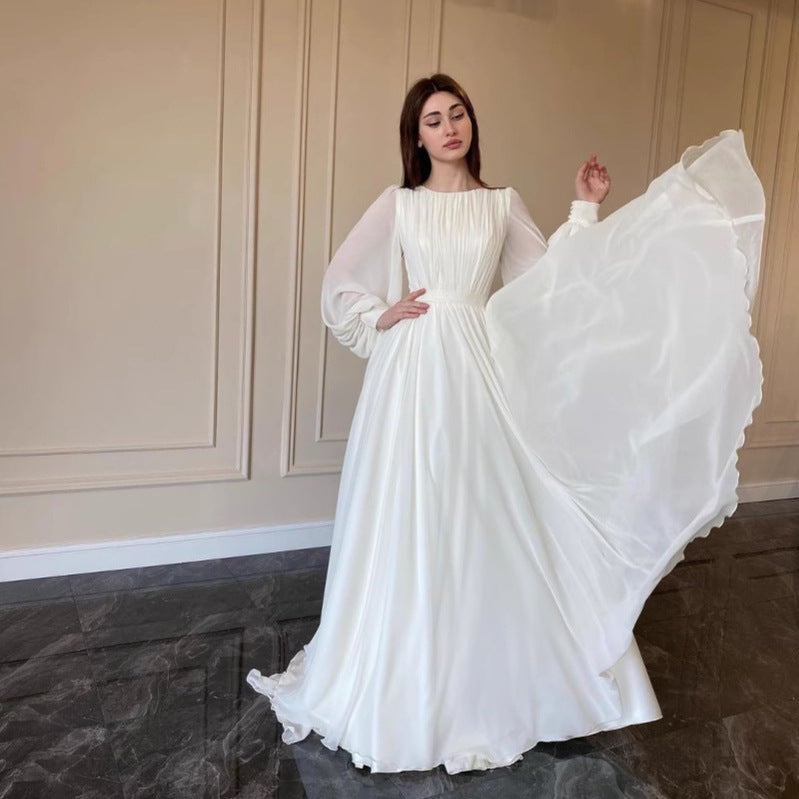 Drune | Durchsichtiges Weißes Hochzeitskleid Rundhalsausschnitt Lange Ärmel Kleid