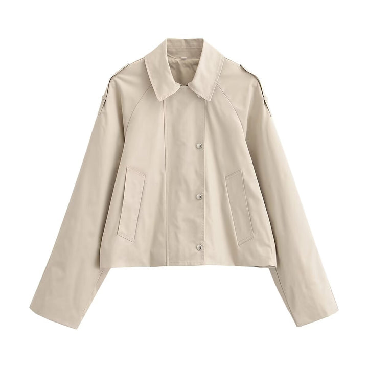 Damen Cropped Trenchjacke im Boxy‑Schnitt mit Schulterklappen und Druckknöpfen Drune