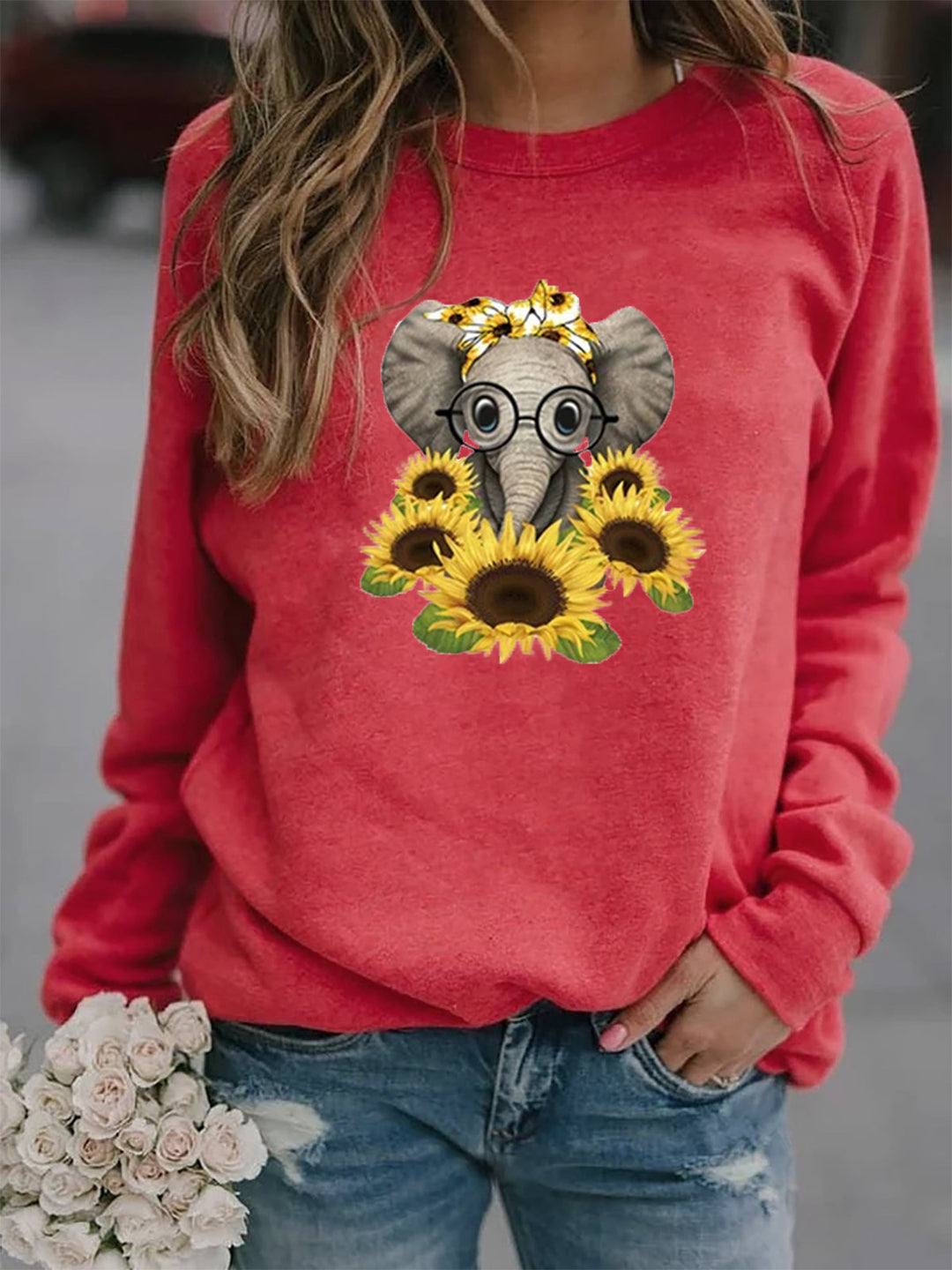 Damen-Sweatshirt mit Elefantenprint, Sonnenblumenmotiv und weichem Fleece Drune