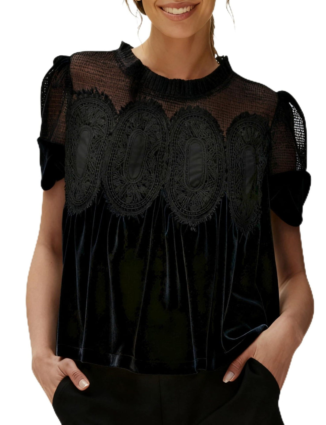 Damen Samtbluse mit Spitzenbesatz, transparentem Einsatz und geraffter A-Linie Drune