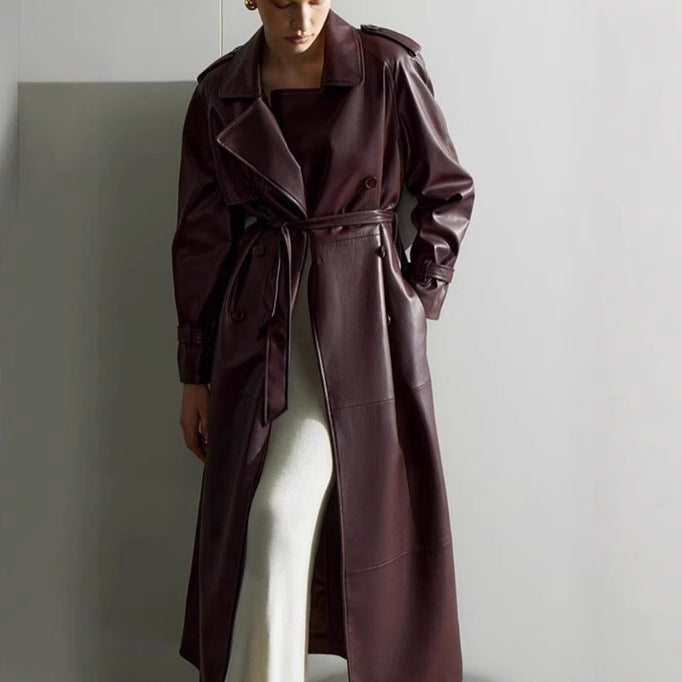 Damen elegante Kunstleder-Trenchcoatjacke mit Gürtel und modischen Details Drune