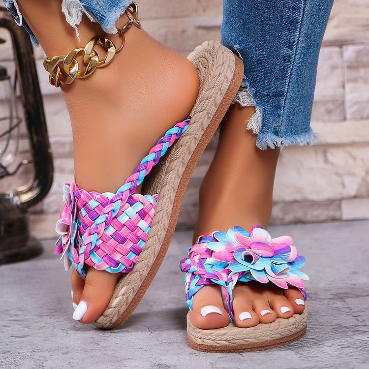 Damen Geflochtene Zehentrenner‑Sandalen mit XXL‑Blütenapplikation und gepolstertem Komfortfußbett Drune