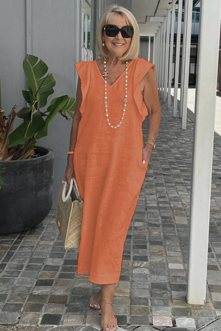 Damen Maxikleid mit V-Ausschnitt und angeschnittenem Ärmel Drune