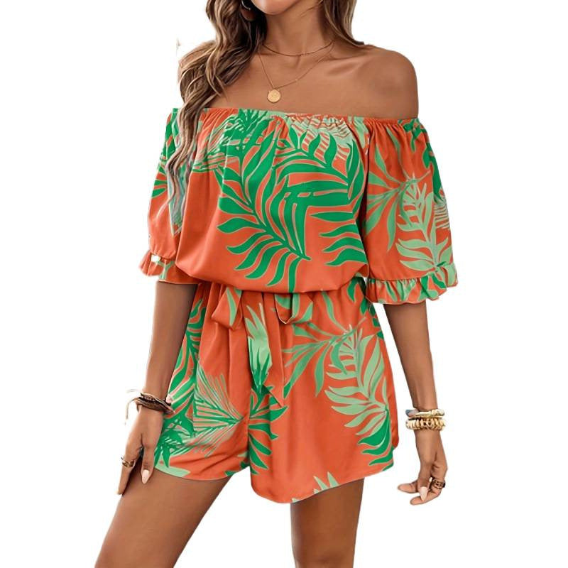 Damen Off-Shoulder Jumpsuit mit floralem Design und elastischem Bund Drune