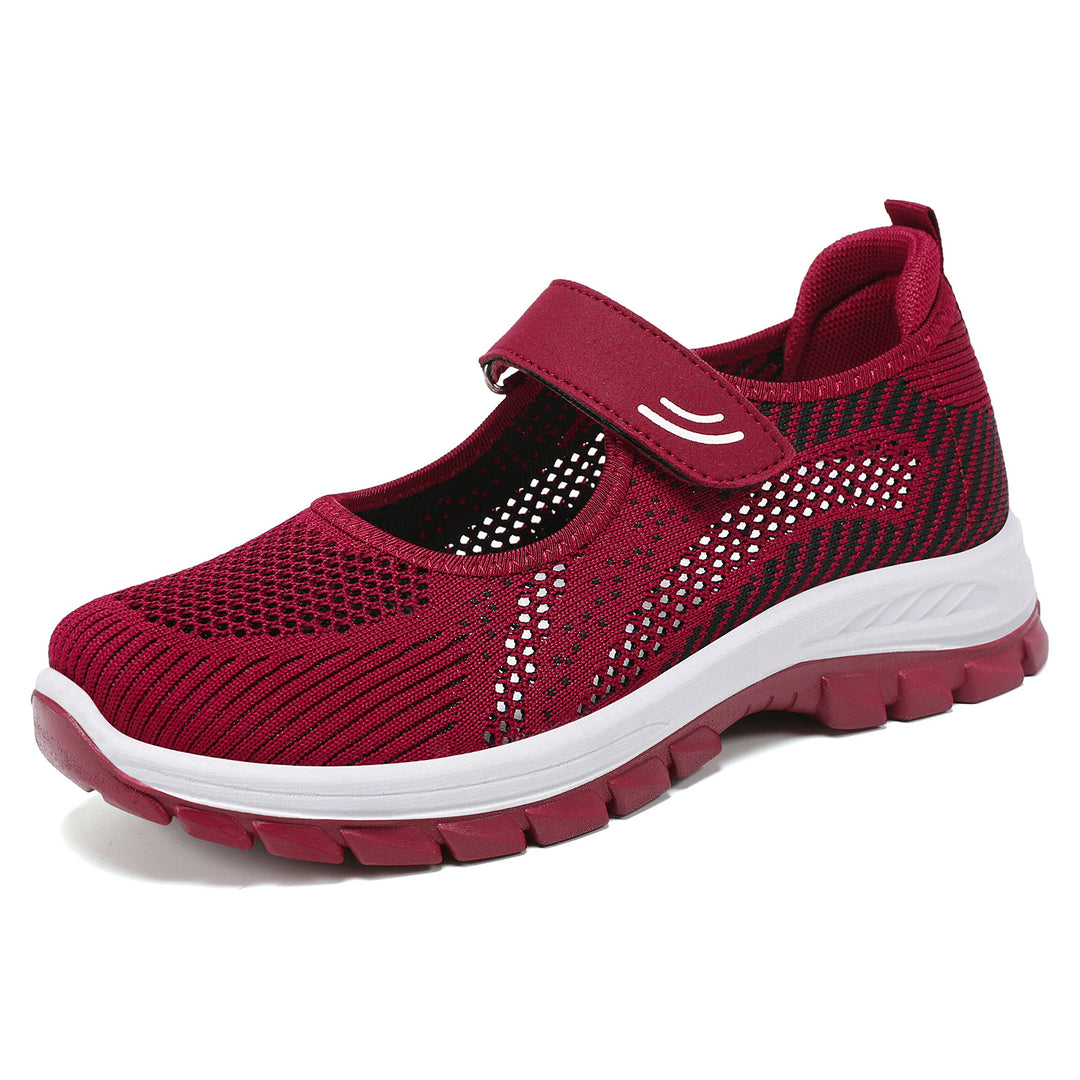 Damen nan atmungsaktive Strick-Mary-Jane Walkingsneaker mit Klettverschluss und dämpfender Leichtlaufsohle Drune
