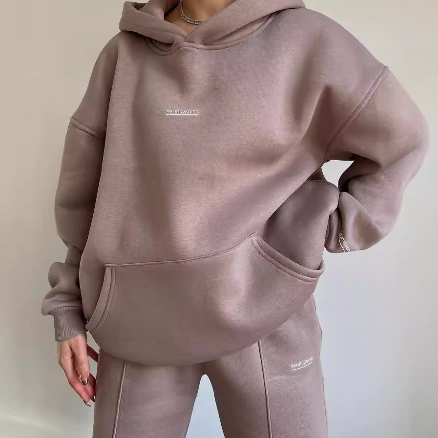 Damen Set Schwere French‑Terry Oversize‑Kapuzenpullover mit Kängurutasche und Slim‑Jogginghose Drune