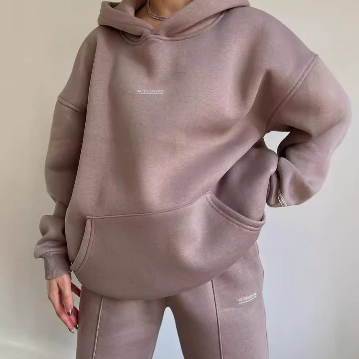 Damen Set Schwere French‑Terry Oversize‑Kapuzenpullover mit Kängurutasche und Slim‑Jogginghose Drune